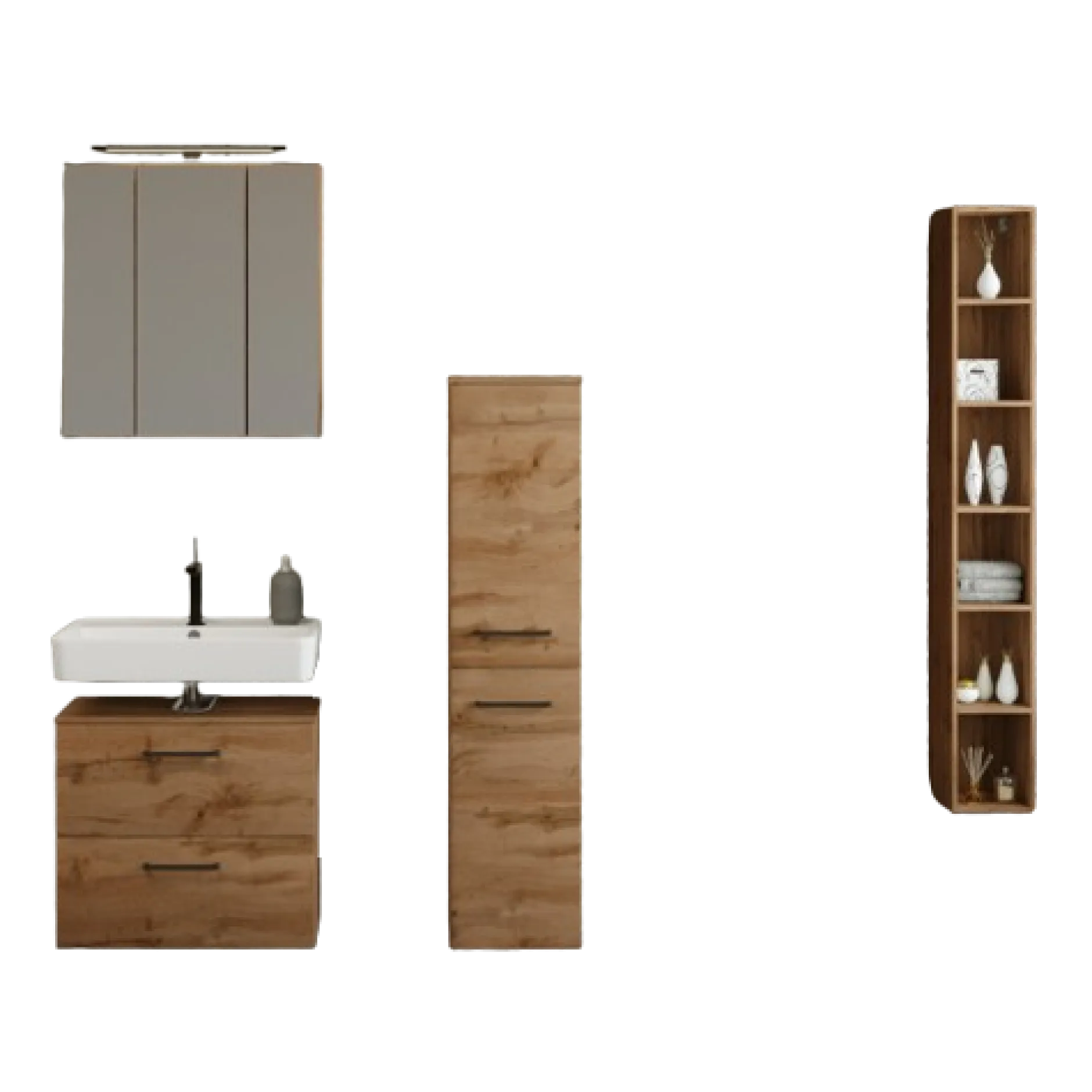 MalvoBadezimmer : Spiegelschrank, Waschbeckenunterschrank, Säulenschrank, Regal - Eiche