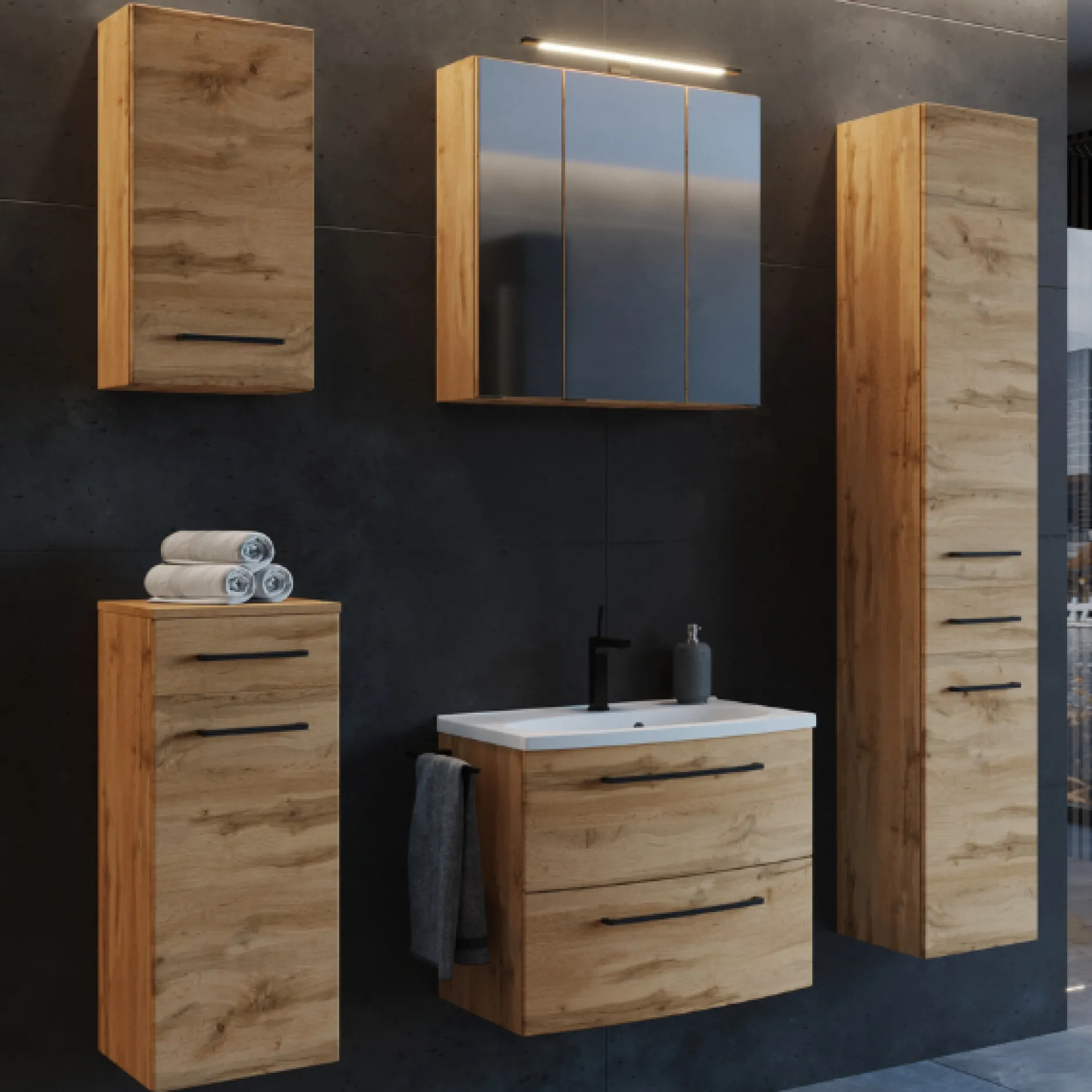 MalvoBadezimmer : Wandschränke, Spiegelschrank, Waschtischschrank, Säulenschrank - Eiche