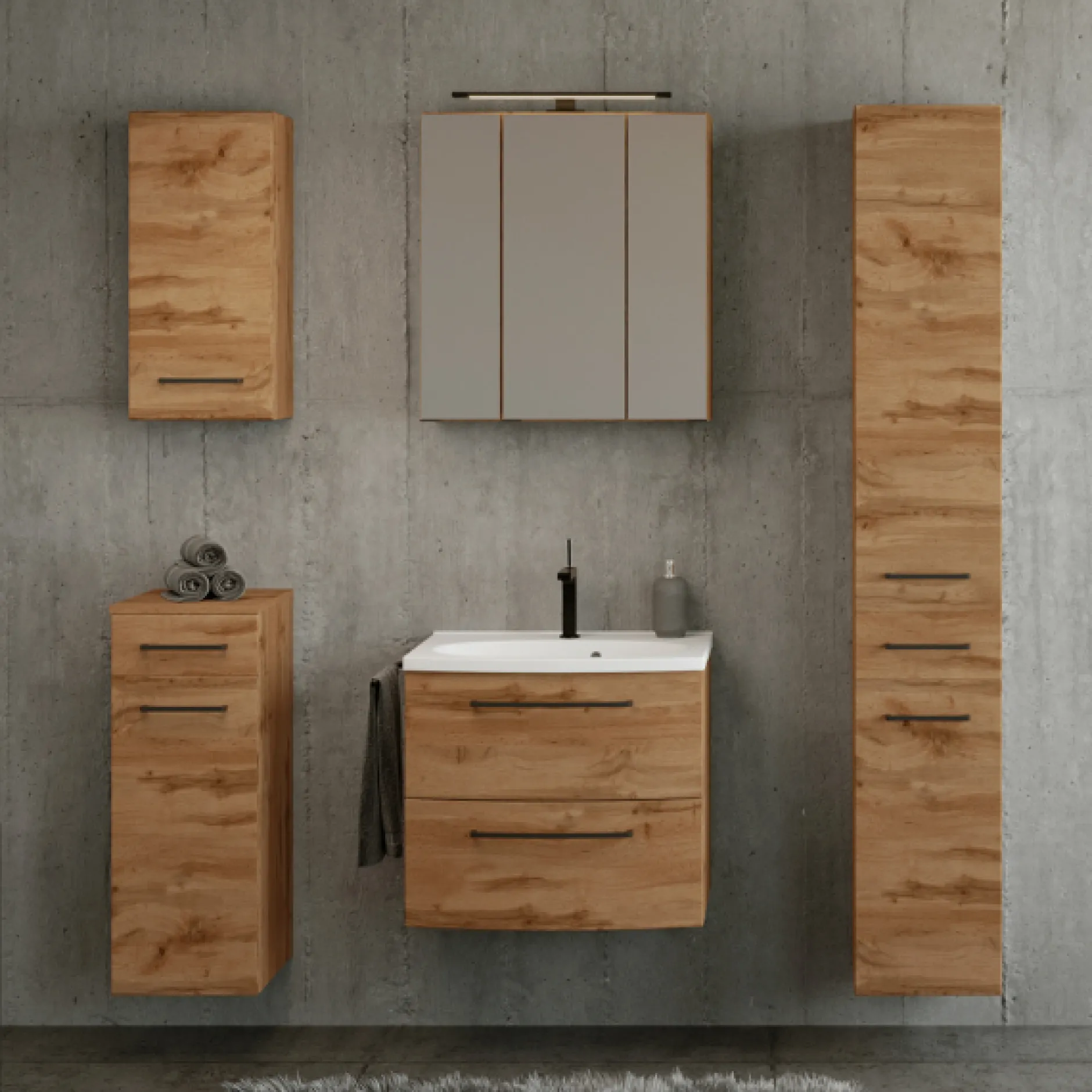 MalvoBadezimmer : Wandschränke, Spiegelschrank, Waschtischschrank, Säulenschrank - Eiche