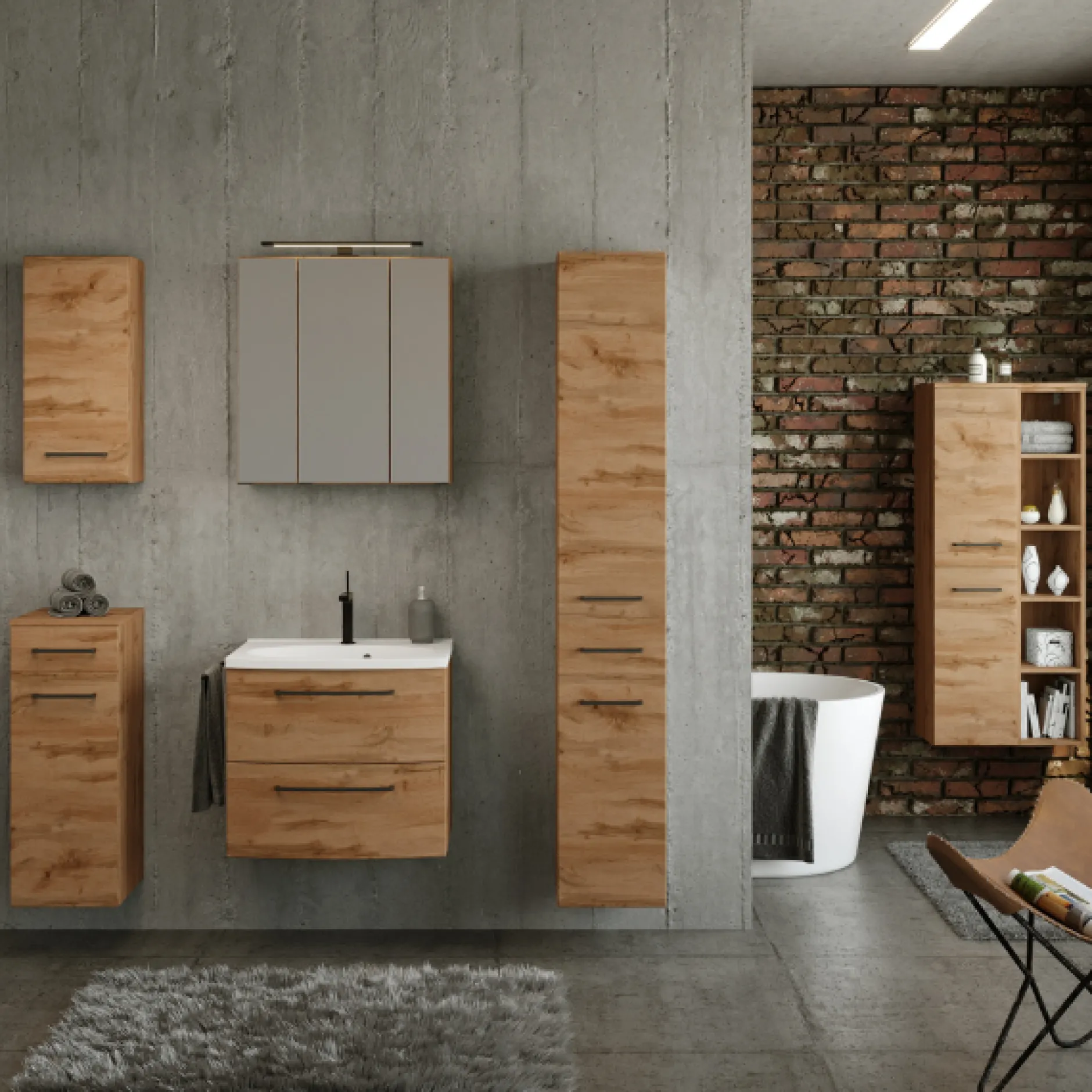 MalvoBadezimmer : Wandschränke, Spiegelschrank, Waschtischschrank, Säulenschränke - Eiche