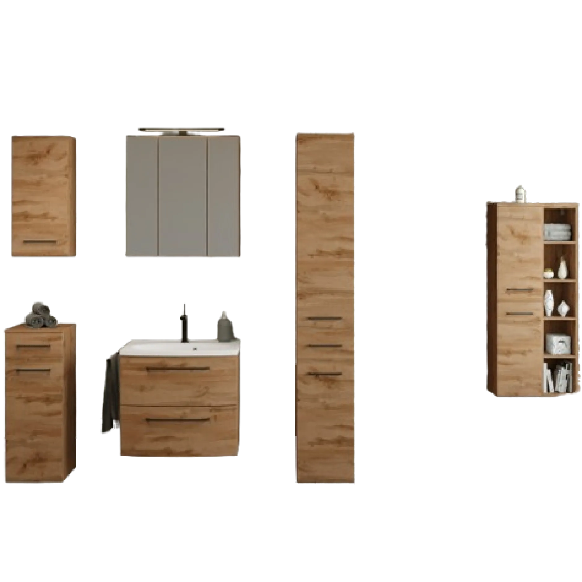 MalvoBadezimmer : Wandschränke, Spiegelschrank, Waschtischschrank, Säulenschränke - Eiche