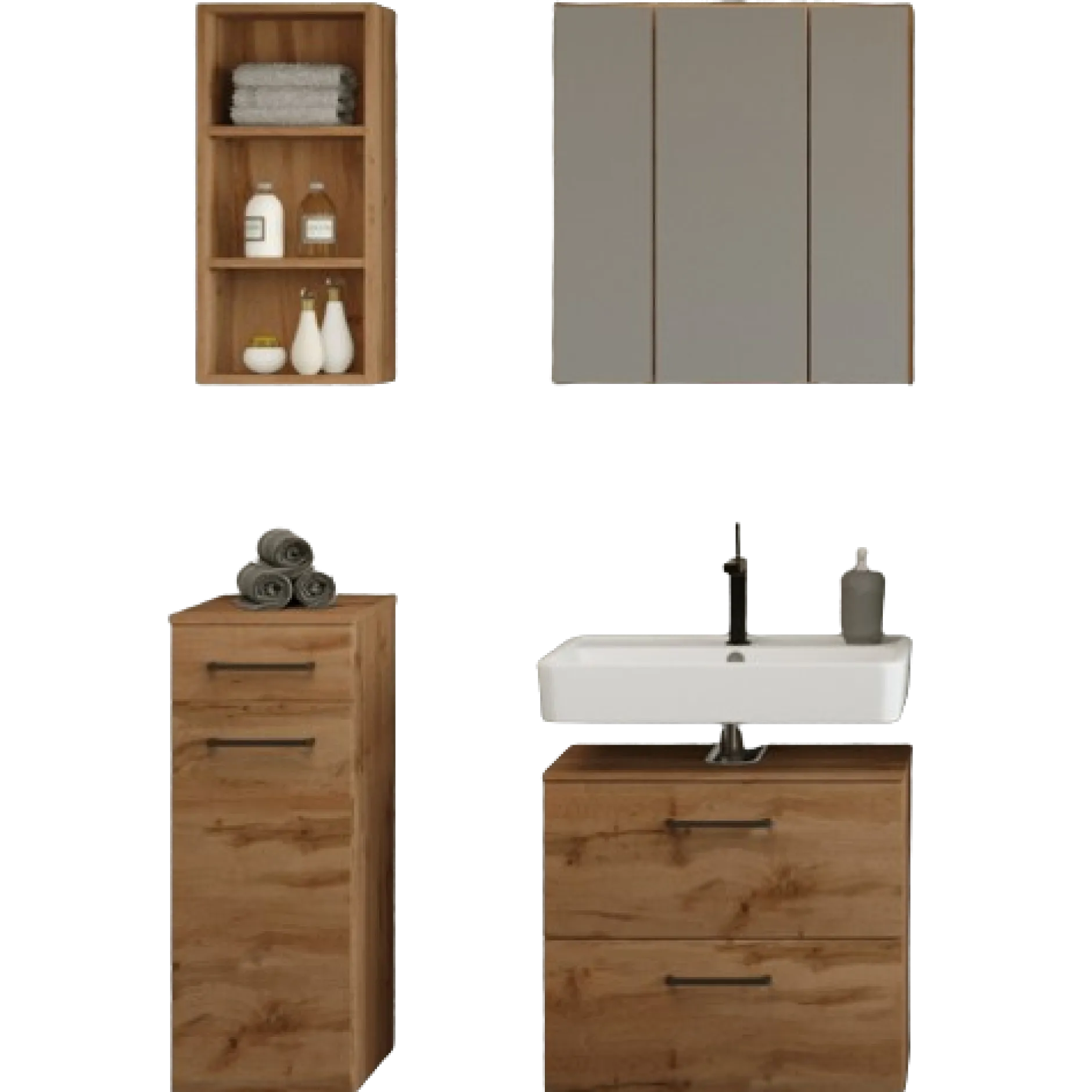 MalvoBadezimmer : Wandschränke, Spiegelschrank, Waschtischunterschrank - Eiche