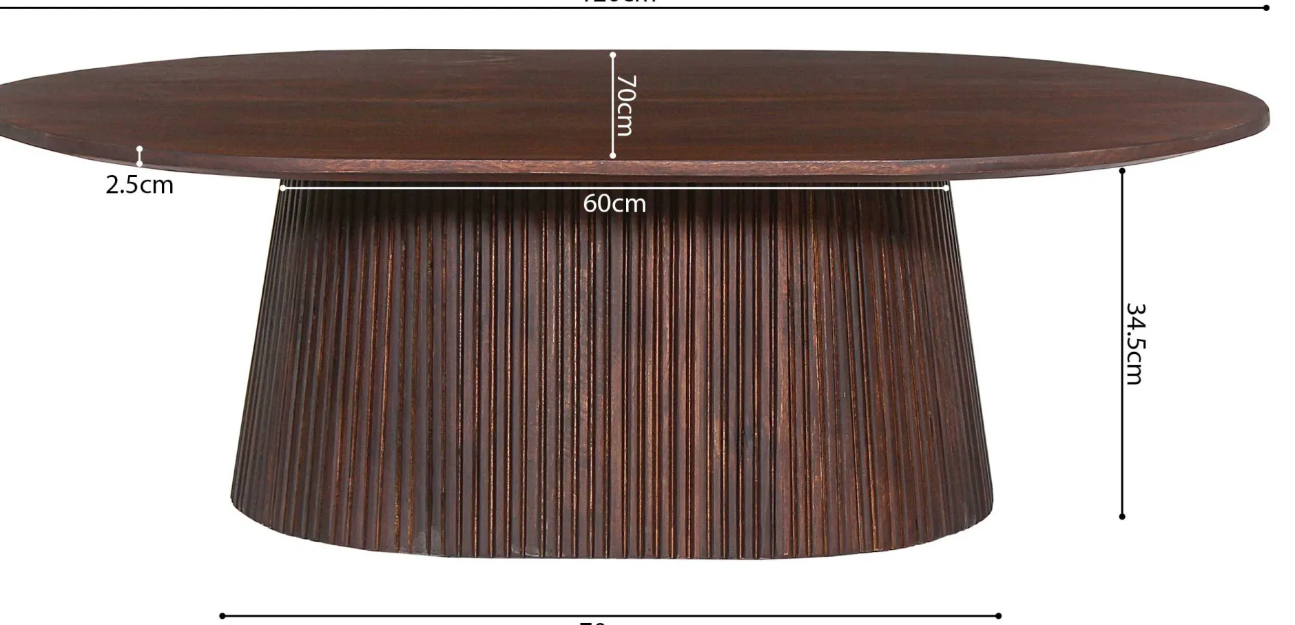 Miguel" Ovaler Couchtisch 120 cm Dunkelbraun | Massivholzstruktur und Platte Mango | H-H 37 x B-L 120 x T-P 70 cm