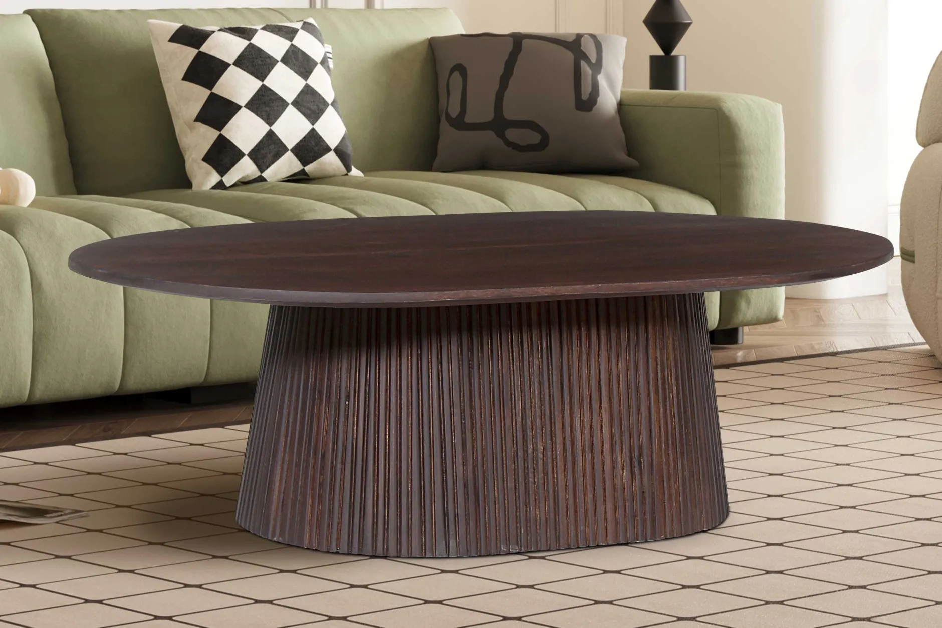 Miguel" Ovaler Couchtisch 120 cm Dunkelbraun | Massivholzstruktur und Platte Mango | H-H 37 x B-L 120 x T-P 70 cm