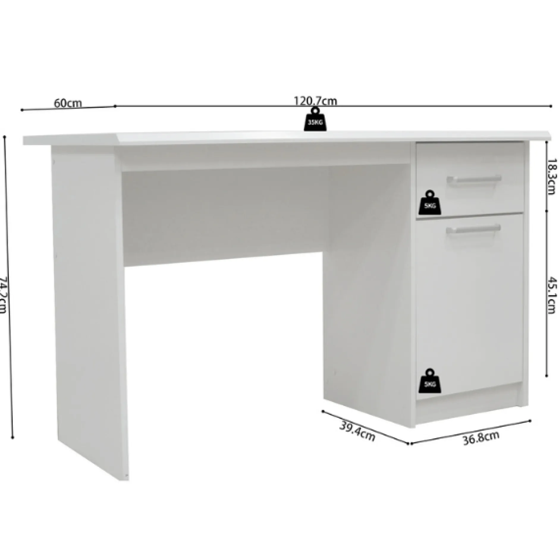 Milou Weißes Bureau 1 Schublade 1 Tür | H-75 x B-121 x T-60 cm