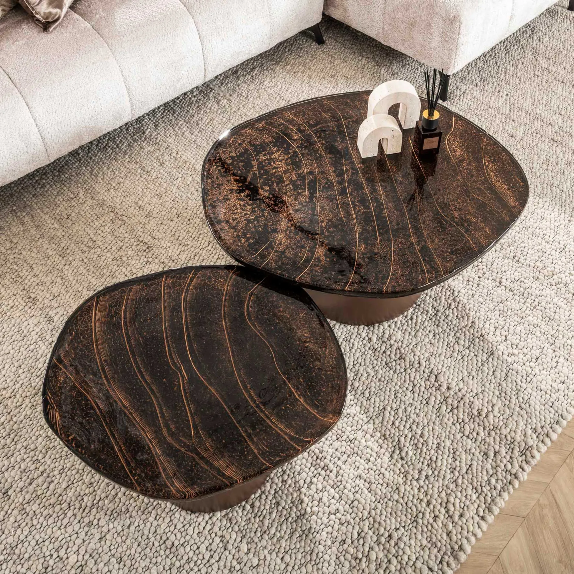 Moderne Eclipse Glas Couchtische Set/2 - Antik Kupfer