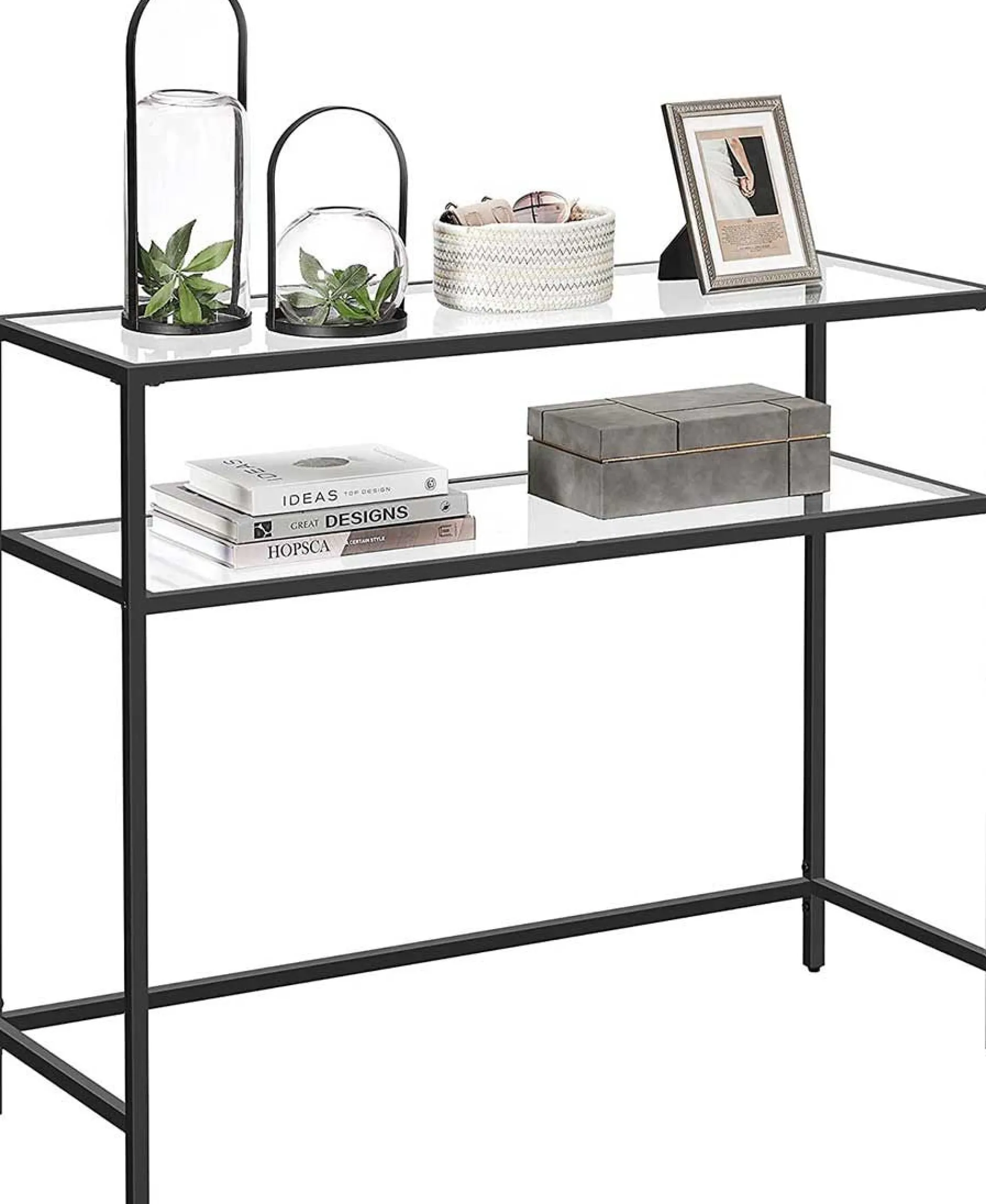 Moderner Konsolentisch mit Stahlgestell und Ablagen aus gehärtetem Glas, für Wohnzimmer/Flur