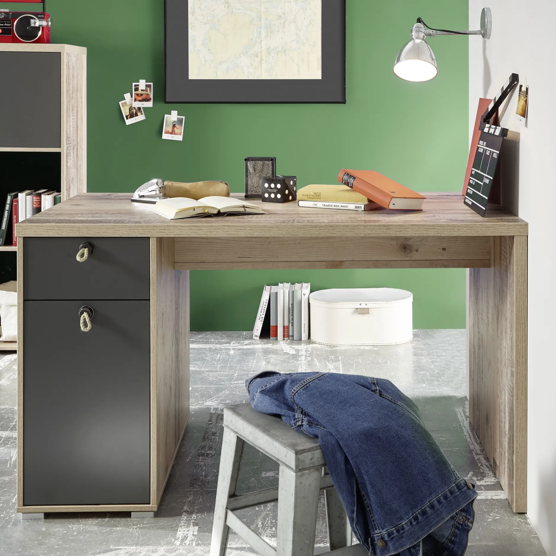 Moleskin Schreibtisch 130 cm mit 1 Tür und 1 Schublade - anthrazit/alter Stil
