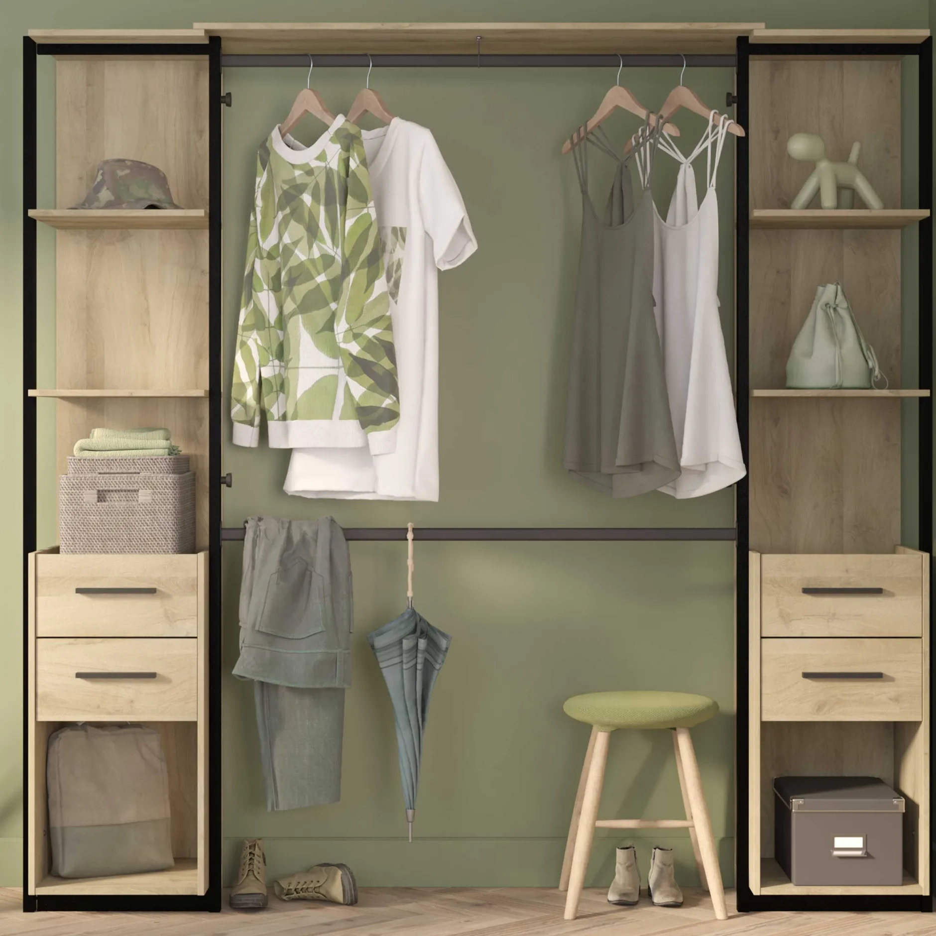 Mono Offener Kleiderschrank - 210x42x204cm - Eiche Dekor/schwarz