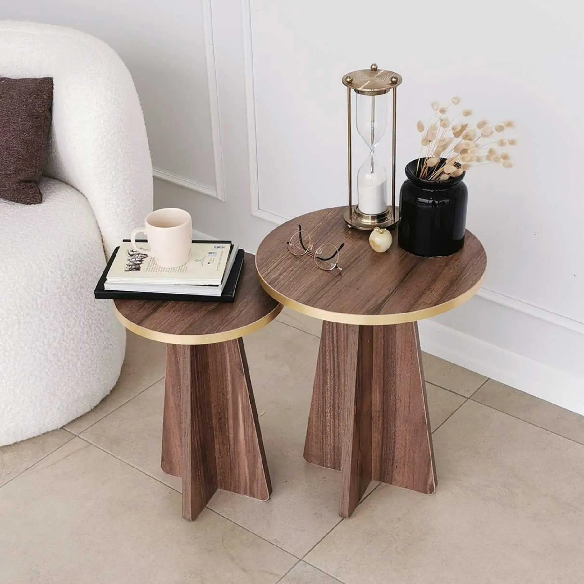 Mushroom 2 Couchtisch-Set | 100 % MELAMIN | Gold, Walnuss
