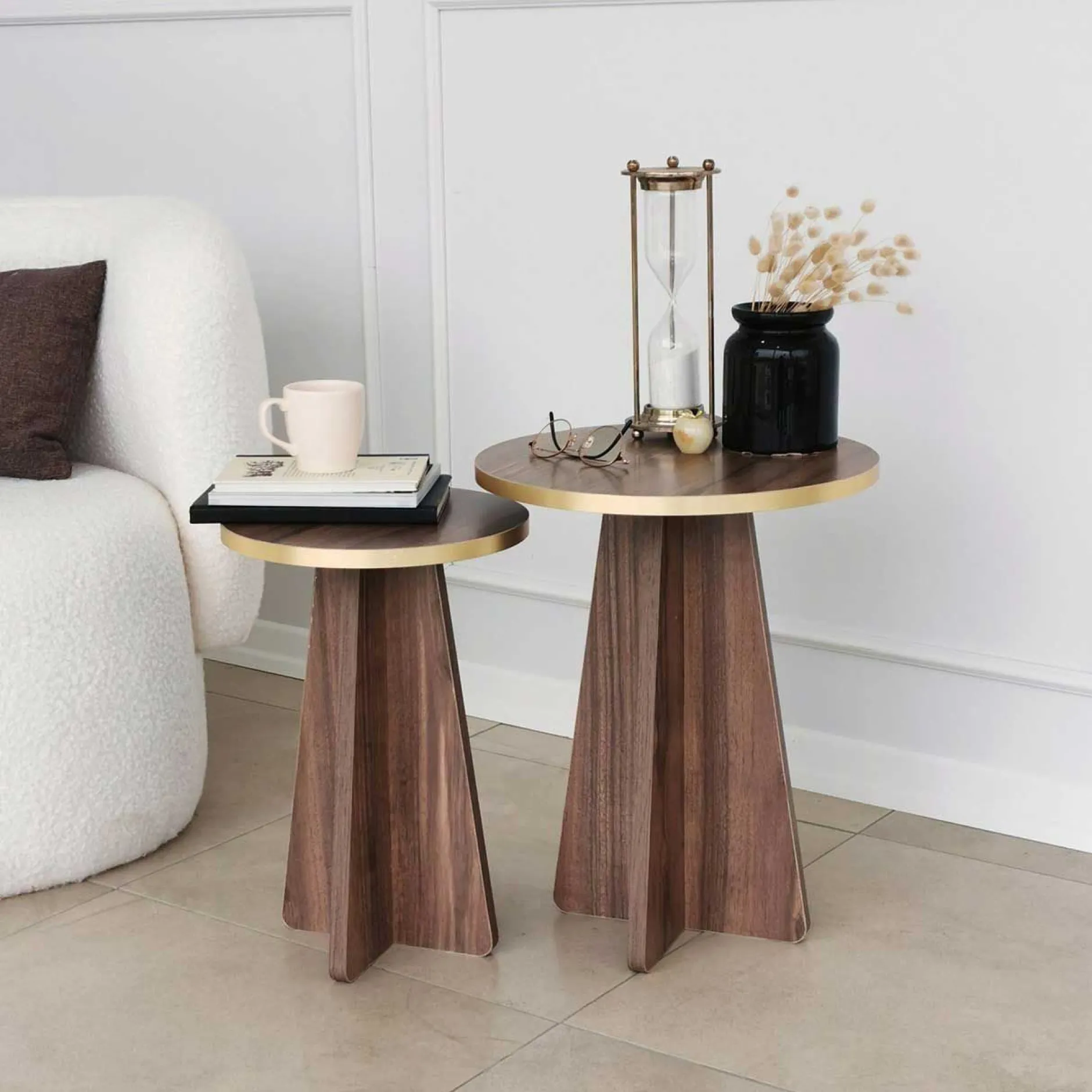 Mushroom 2 Couchtisch-Set | 100 % MELAMIN | Gold, Walnuss