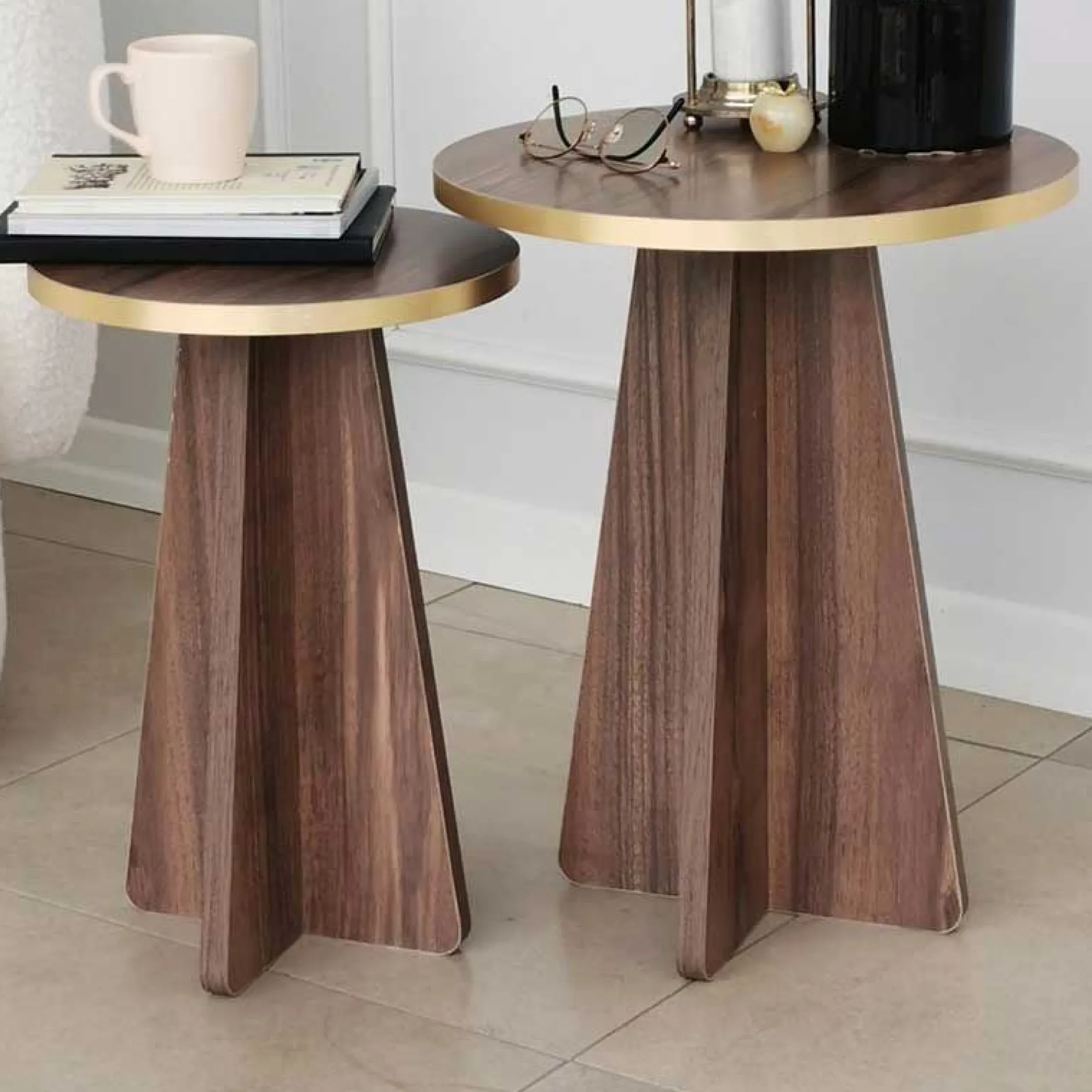 Mushroom 2 Couchtisch-Set | 100 % MELAMIN | Gold, Walnuss