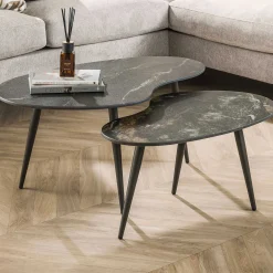 Nierenförmiger Fossil Couchtisch 2er Set - Schwarze Keramikplatte