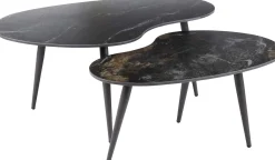 Nierenförmiger Fossil Couchtisch 2er Set - Schwarze Keramikplatte