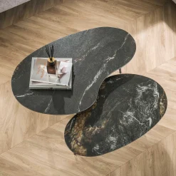 Nierenförmiger Fossil Couchtisch 2er Set - Schwarze Keramikplatte
