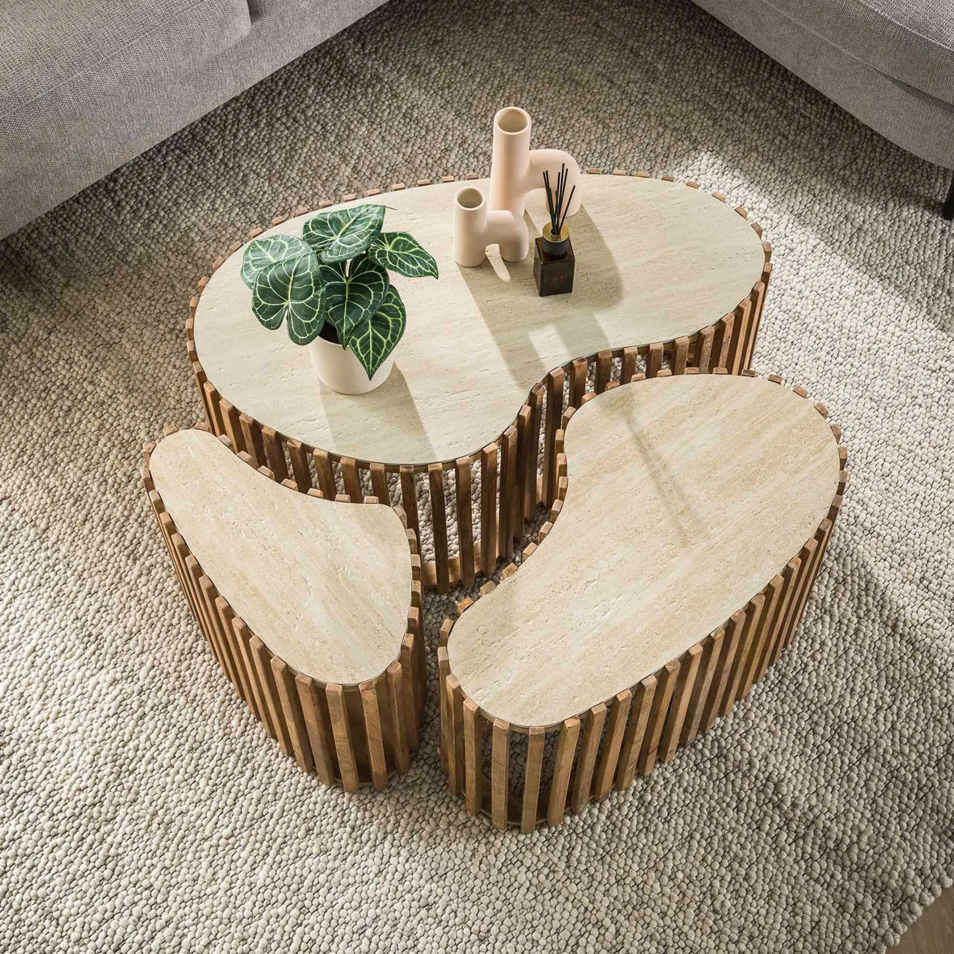 Nuovo Nierenförmiger Travertin Couchtisch Set/3