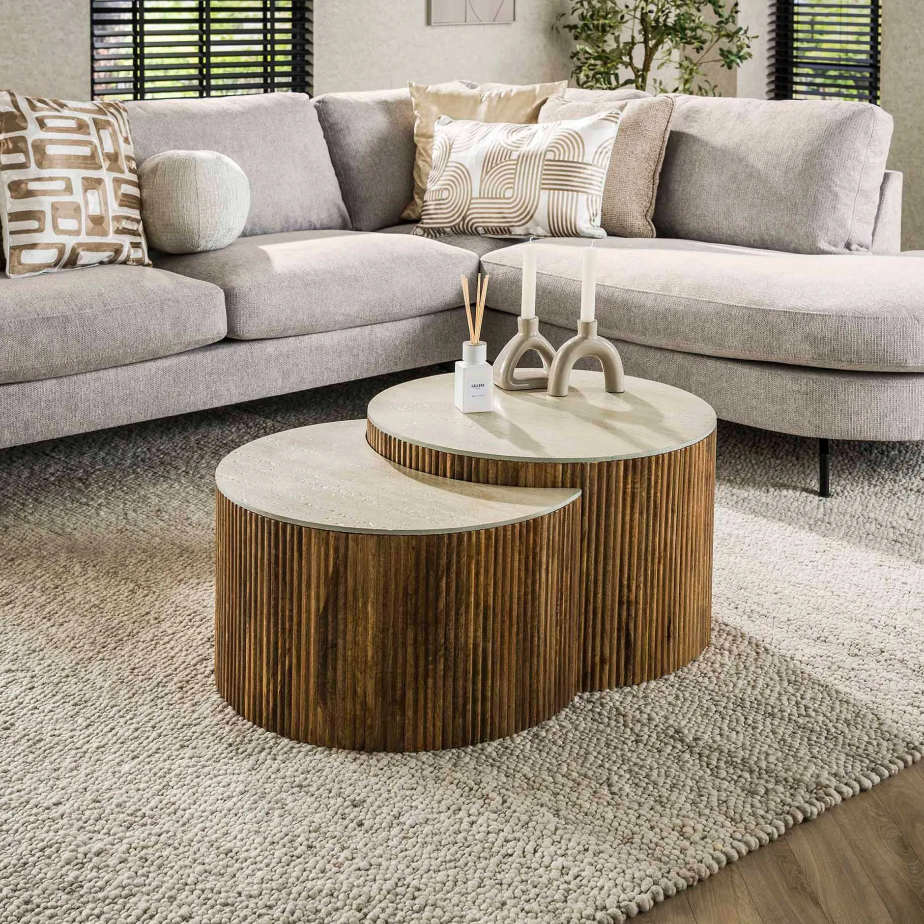 Nuovo Travertin Couchtisch 2er Set - Mangoholz massiv
