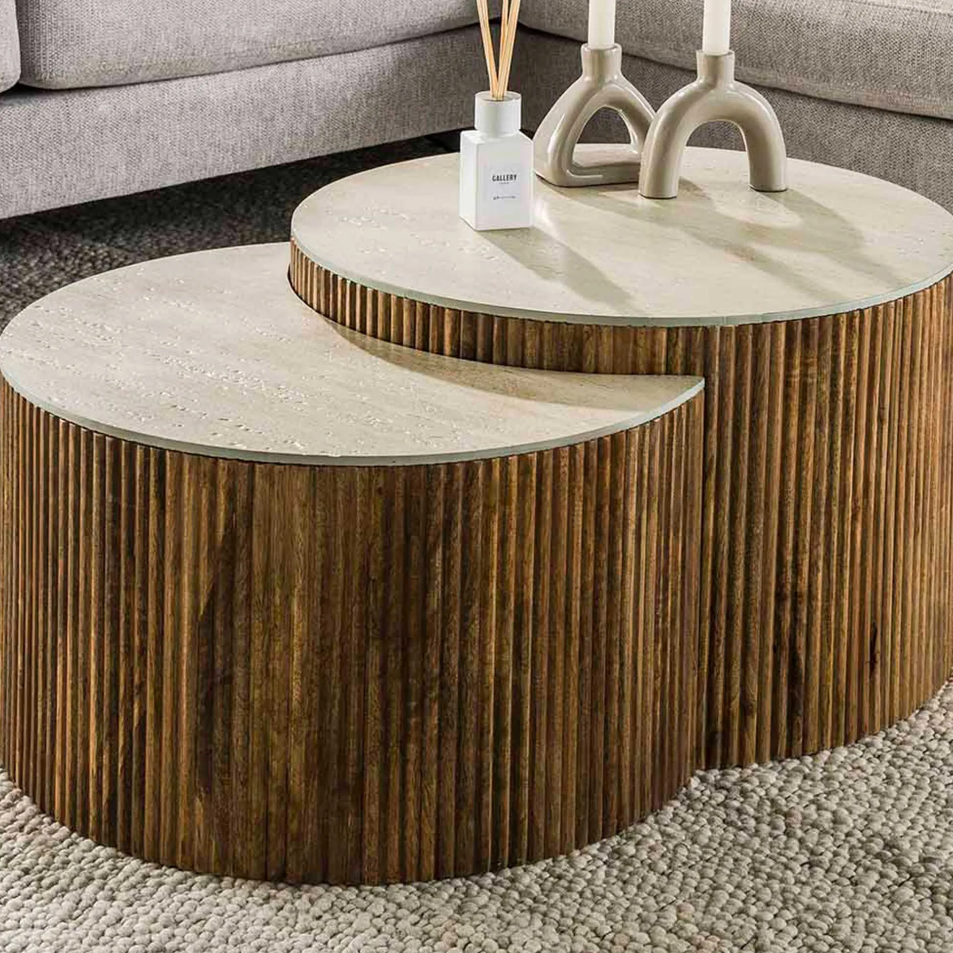 Nuovo Travertin Couchtisch 2er Set - Mangoholz massiv