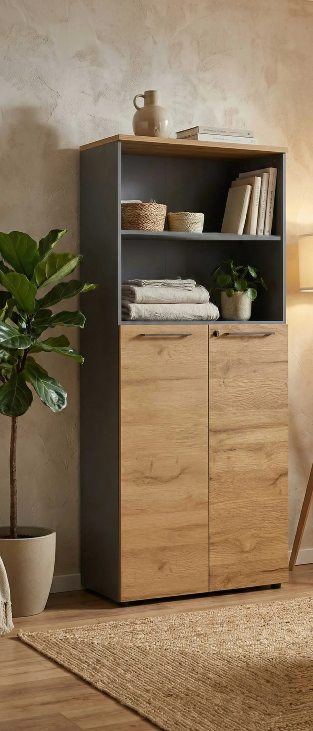 Osmond 80cm Aktenschrank mit 2 Türen und 2 offenen Fächern - Eiche/Graphit
