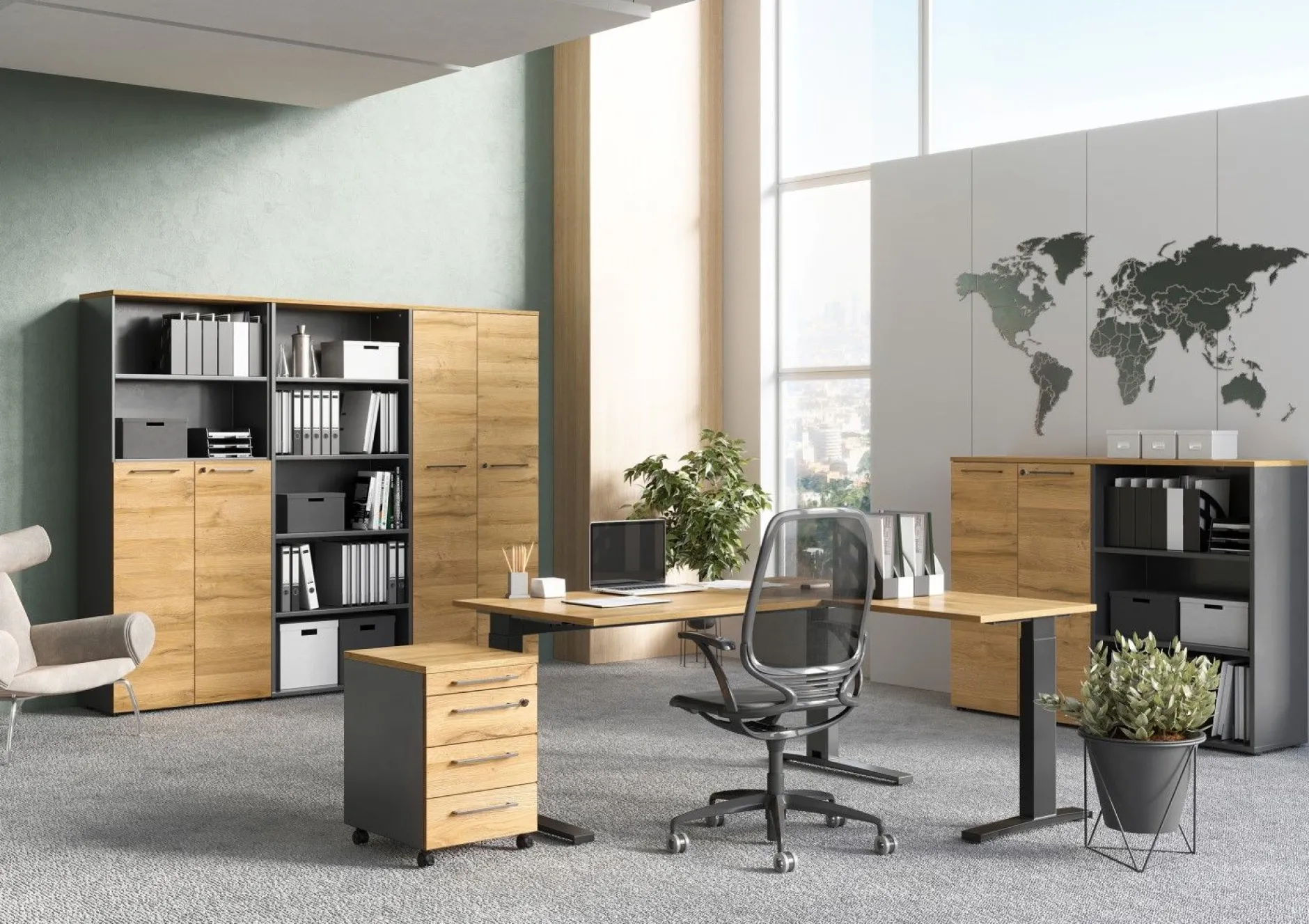 Osmond 80cm Aktenschrank mit 2 Türen und 2 offenen Fächern - Eiche/Graphit