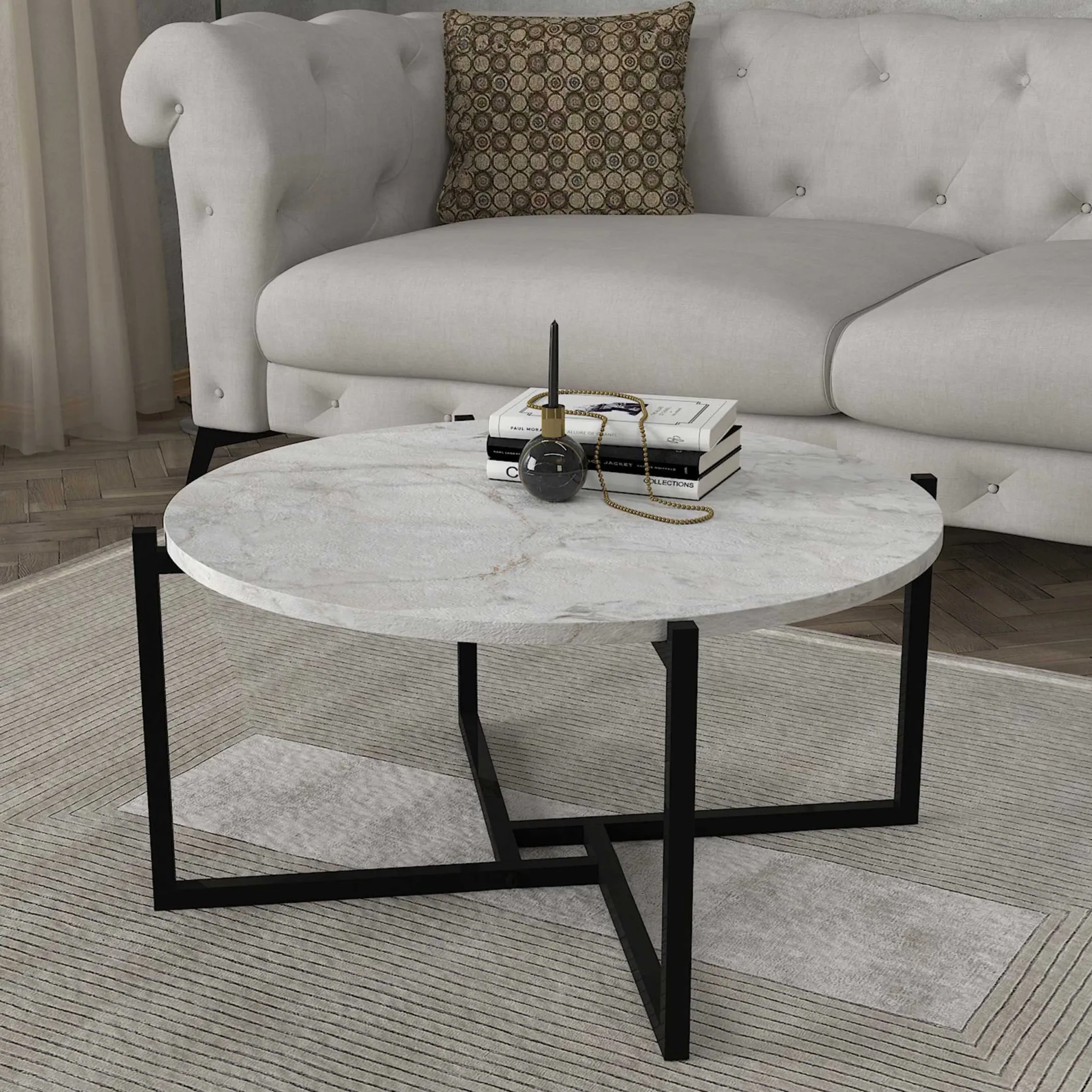 Ovaler Couchtisch Noce - 73x68x36cm - weißer Marmor