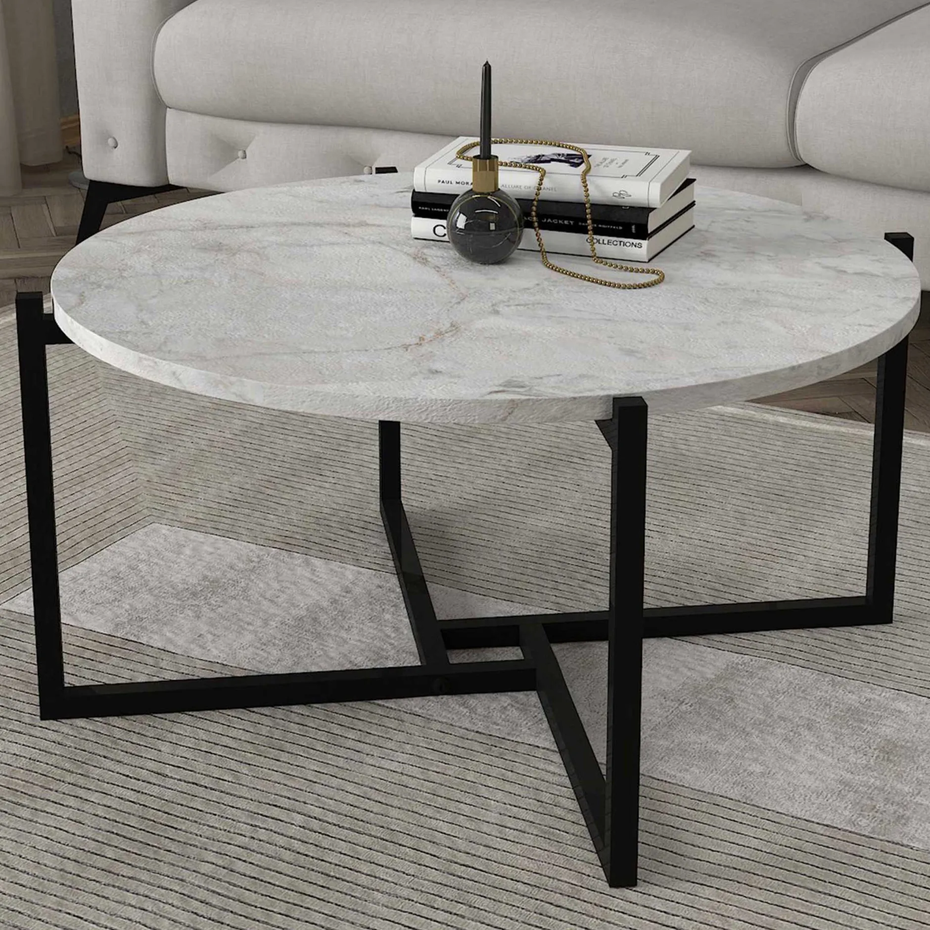 Ovaler Couchtisch Noce - 73x68x36cm - weißer Marmor