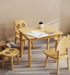 PandaKindertischset : Tisch, zwei Stühle, zwei Hocker - Bambusholz