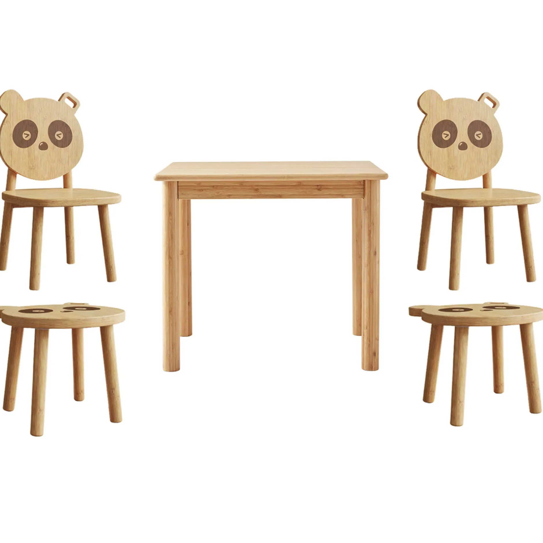 PandaKindertischset : Tisch, zwei Stühle, zwei Hocker - Bambusholz