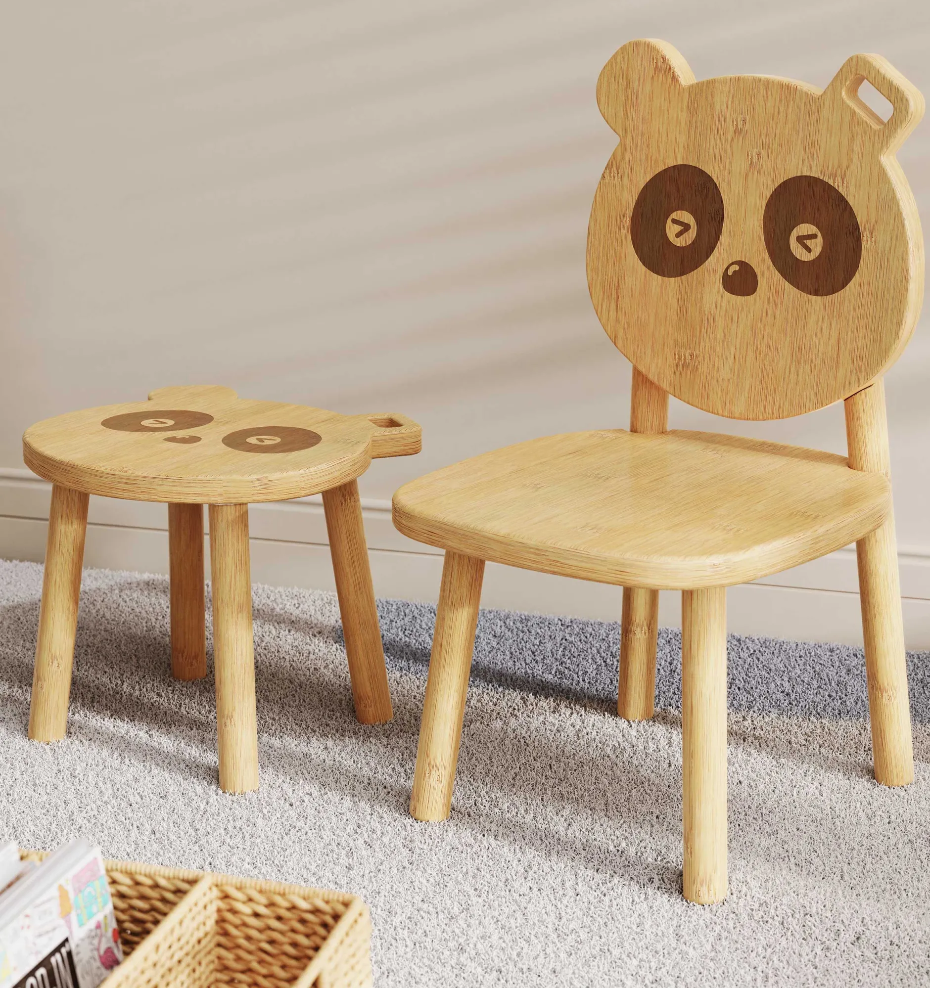 PandaKindertischset : Tisch, zwei Stühle, zwei Hocker - Bambusholz