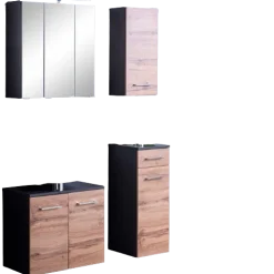 ParesBadezimmer : Spiegelschrank, Waschtischunterschrank, Hängeschränke - Graphit/Eiche
