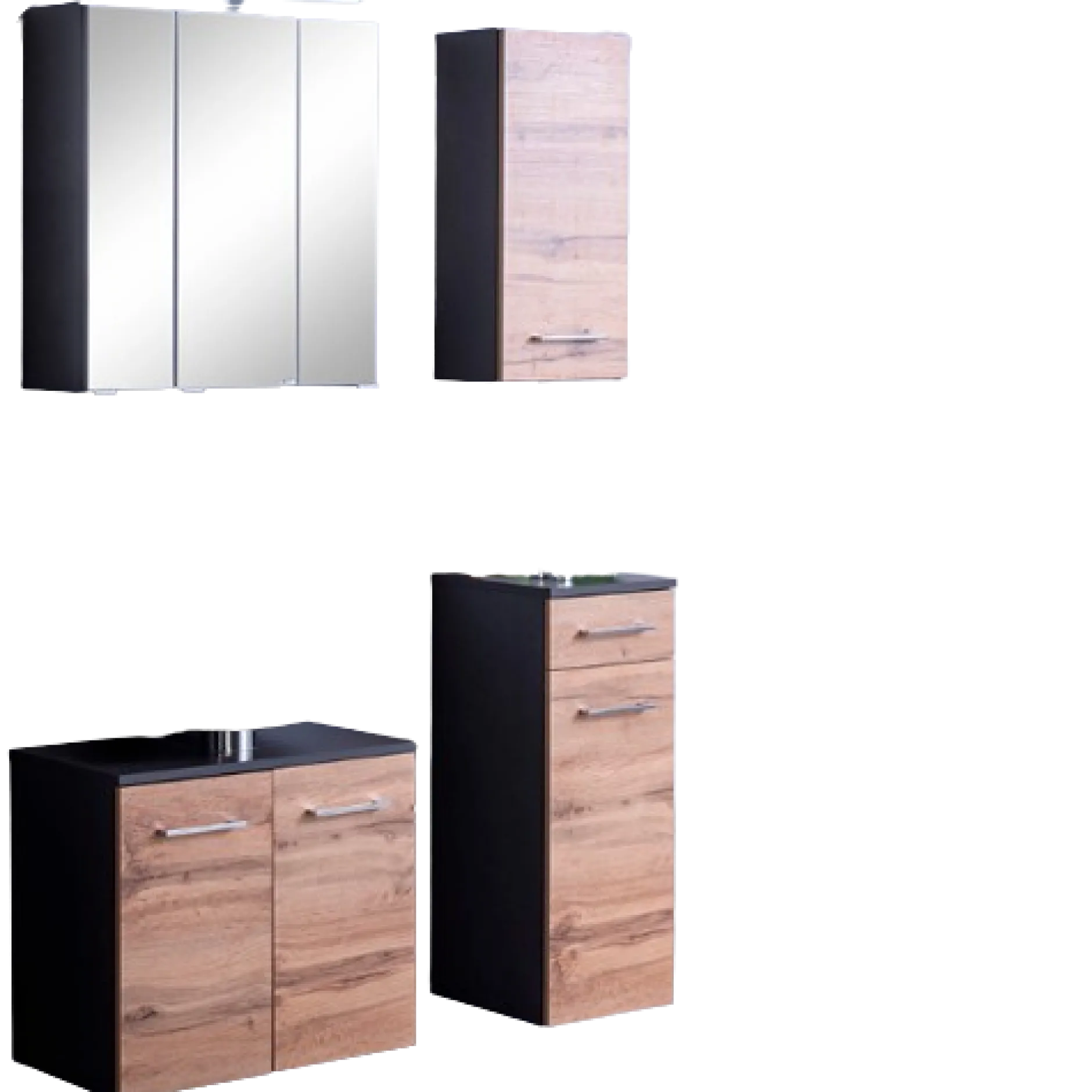 ParesBadezimmer : Spiegelschrank, Waschtischunterschrank, Hängeschränke - Graphit/Eiche