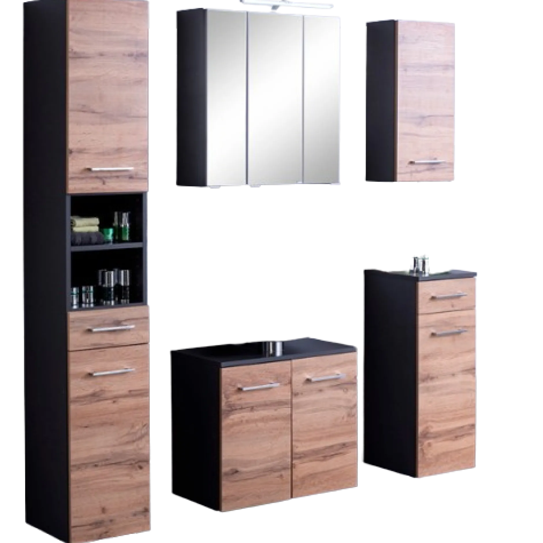 ParesBadezimmer : Säulenschrank, Spiegelschrank, Waschtischunterschrank, Hängeschränke - graphit/gelb