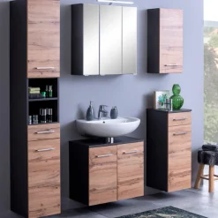 ParesBadezimmer : Säulenschrank, Spiegelschrank, Waschtischunterschrank, Hängeschränke - graphit/gelb