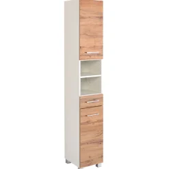 ParesBadezimmer : Säulenschrank, Spiegelschrank, Waschtischunterschrank, Hängeschränke - Eiche/Weiß