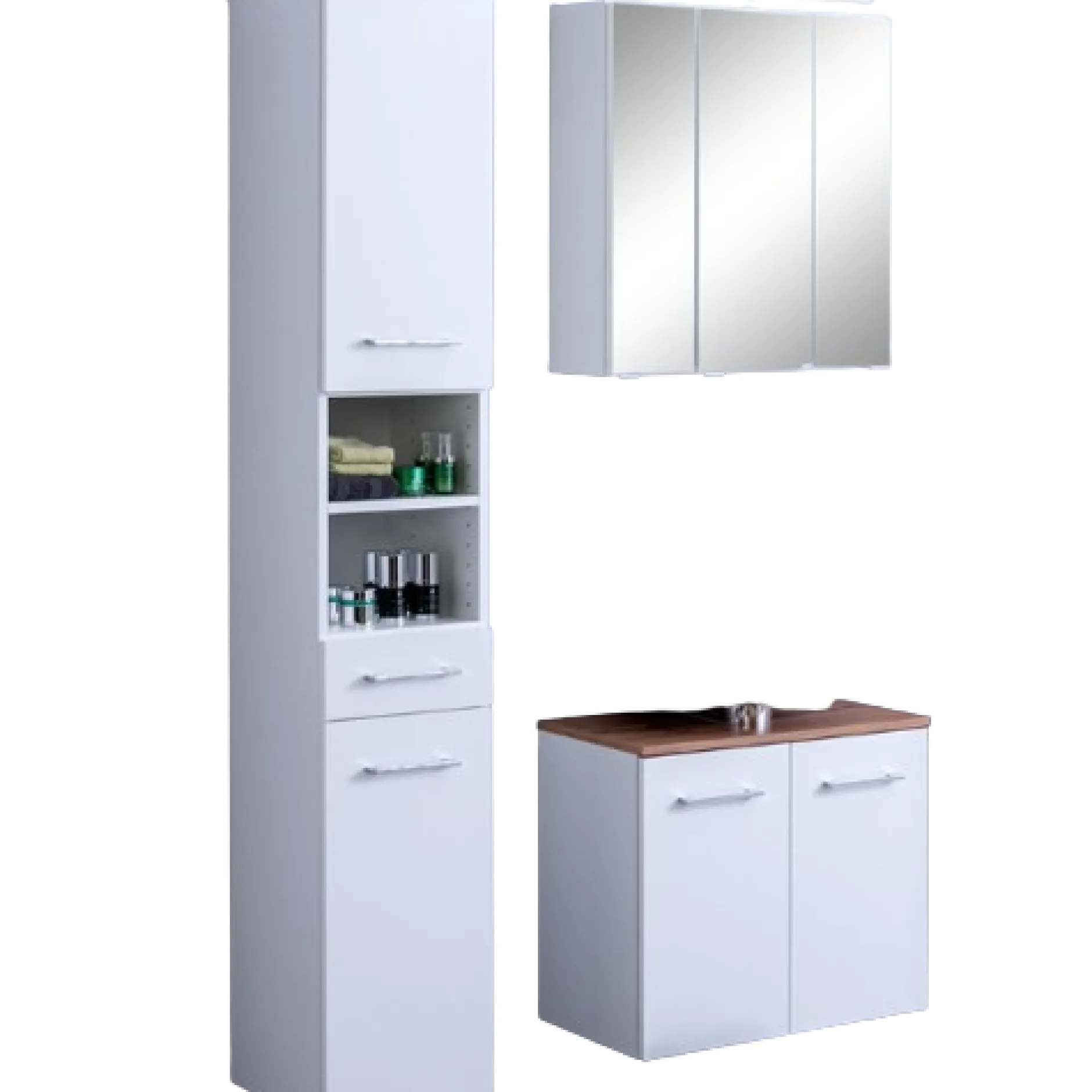 ParesBadezimmer : Säulenschrank, Spiegelschrank, Waschbeckenunterschrank - weiß