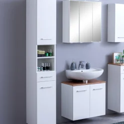 ParesBadezimmer : Säulenschrank, Spiegelschrank, Waschbeckenunterschrank - weiß
