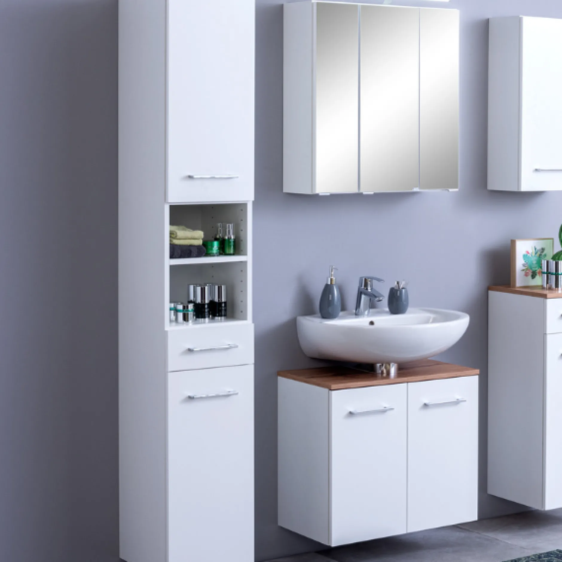 ParesBadezimmer : Säulenschrank, Spiegelschrank, Waschbeckenunterschrank - weiß
