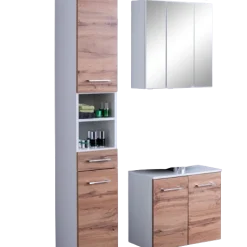 ParesBadezimmer : Säulenschrank, Spiegelschrank, Waschtischunterschrank - Eiche/Weiß