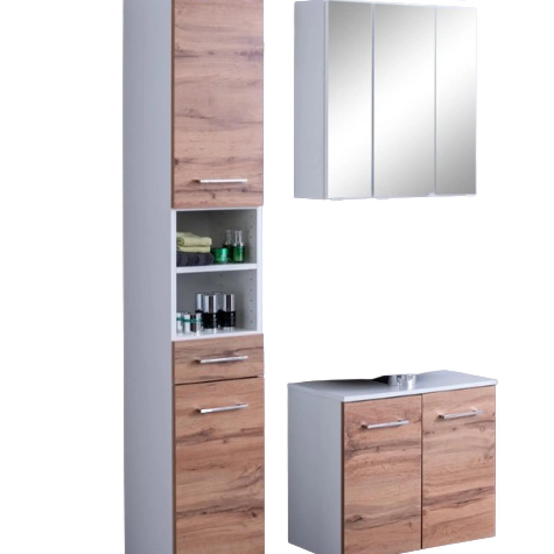 ParesBadezimmer : Säulenschrank, Spiegelschrank, Waschtischunterschrank - Eiche/Weiß