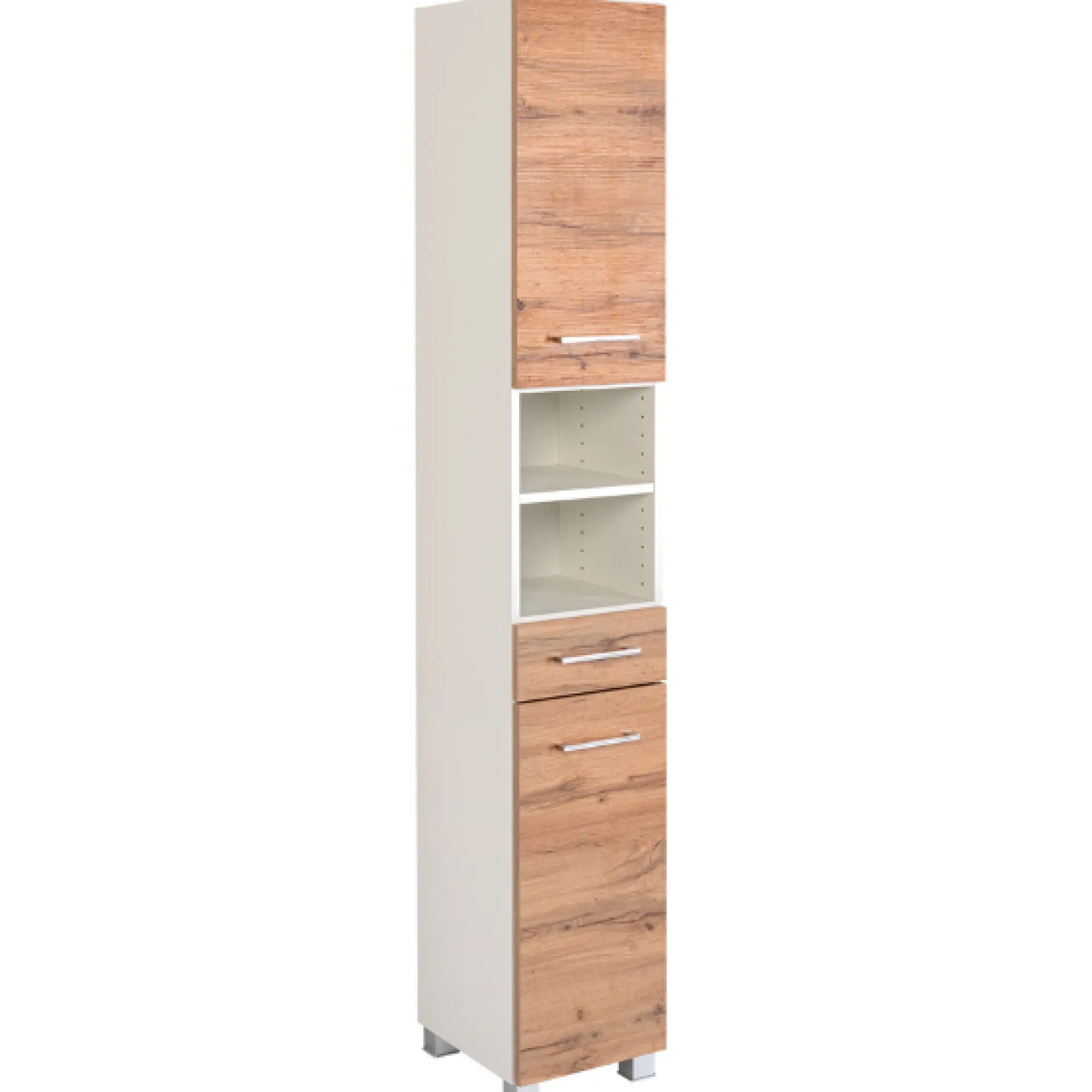 ParesBadezimmer : Säulenschrank, Spiegelschrank, Waschtischunterschrank - Eiche/Weiß
