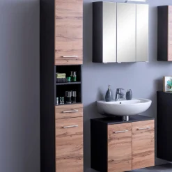 ParesBadezimmer : Säulenschrank, Spiegelschrank, Waschtischunterschrank - graphit/gelb