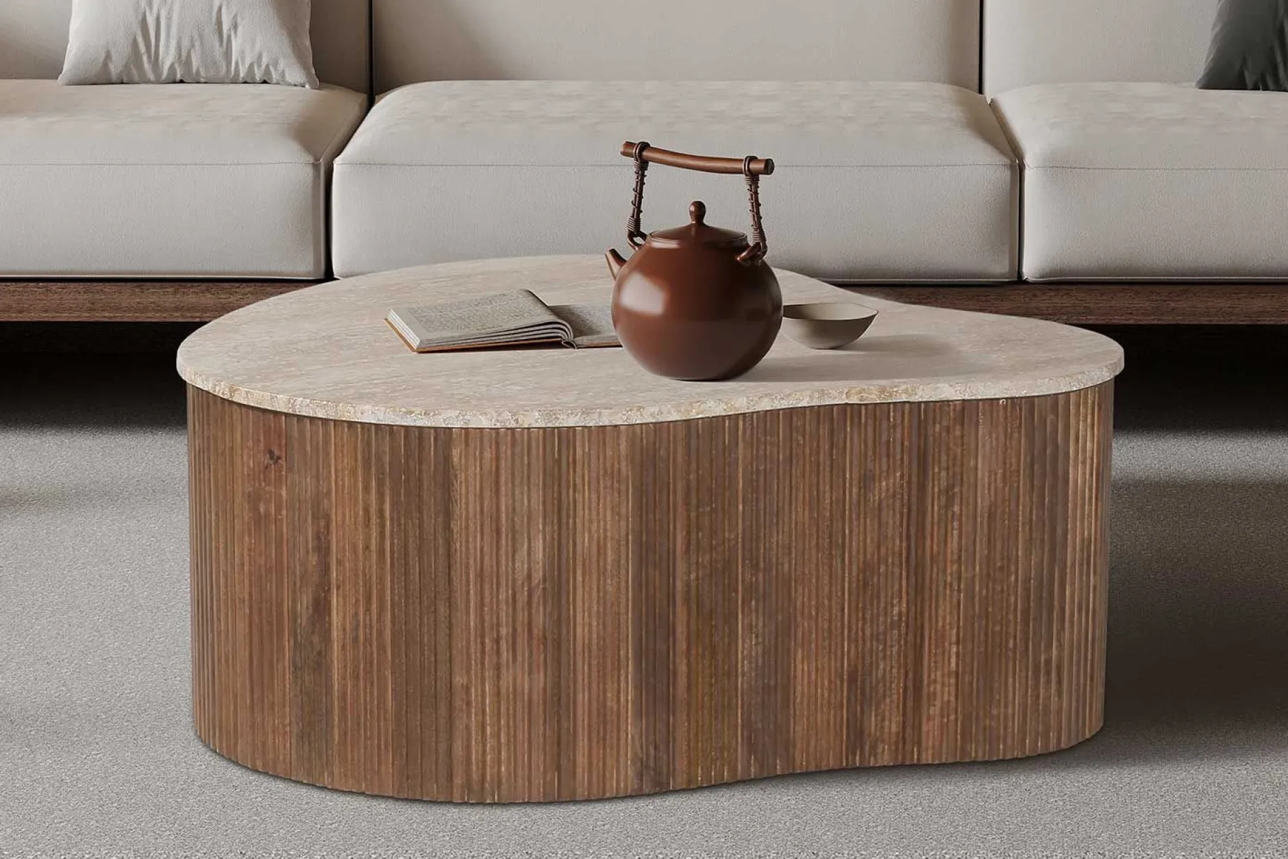 Paul 83 cm Mangoholz Couchtisch mit Travertin Beige