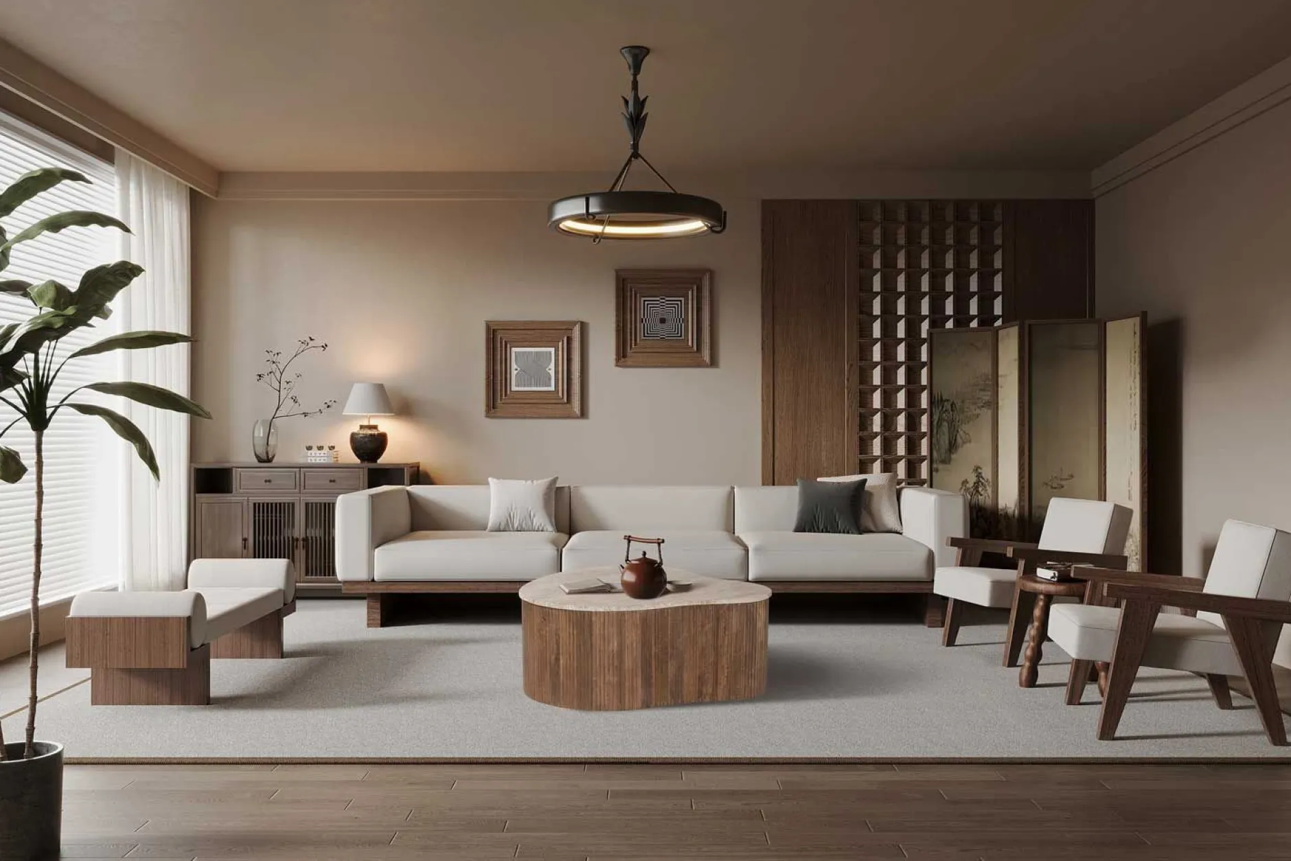 Paul 83 cm Mangoholz Couchtisch mit Travertin Beige