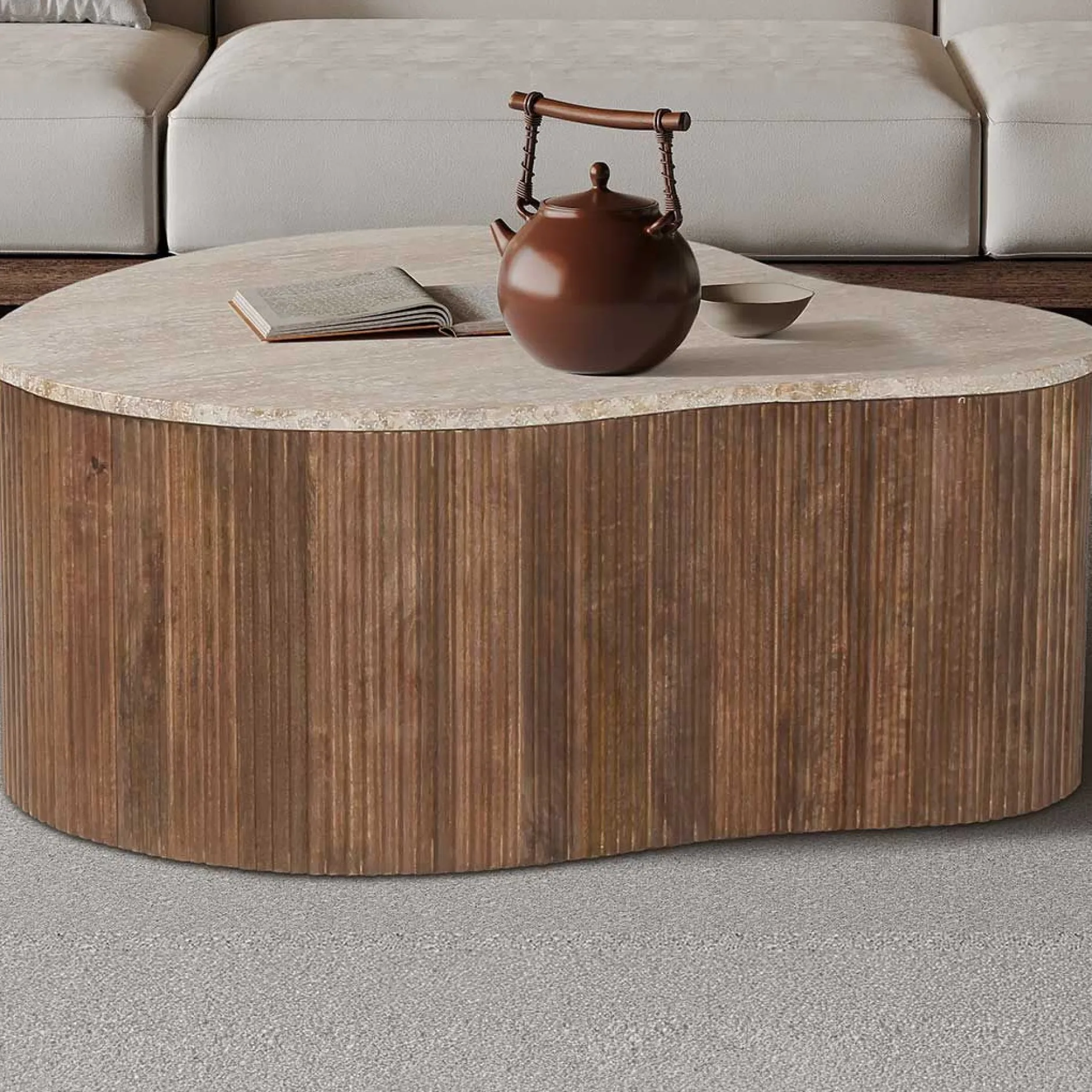 Paul 83 cm Mangoholz Couchtisch mit Travertin Beige