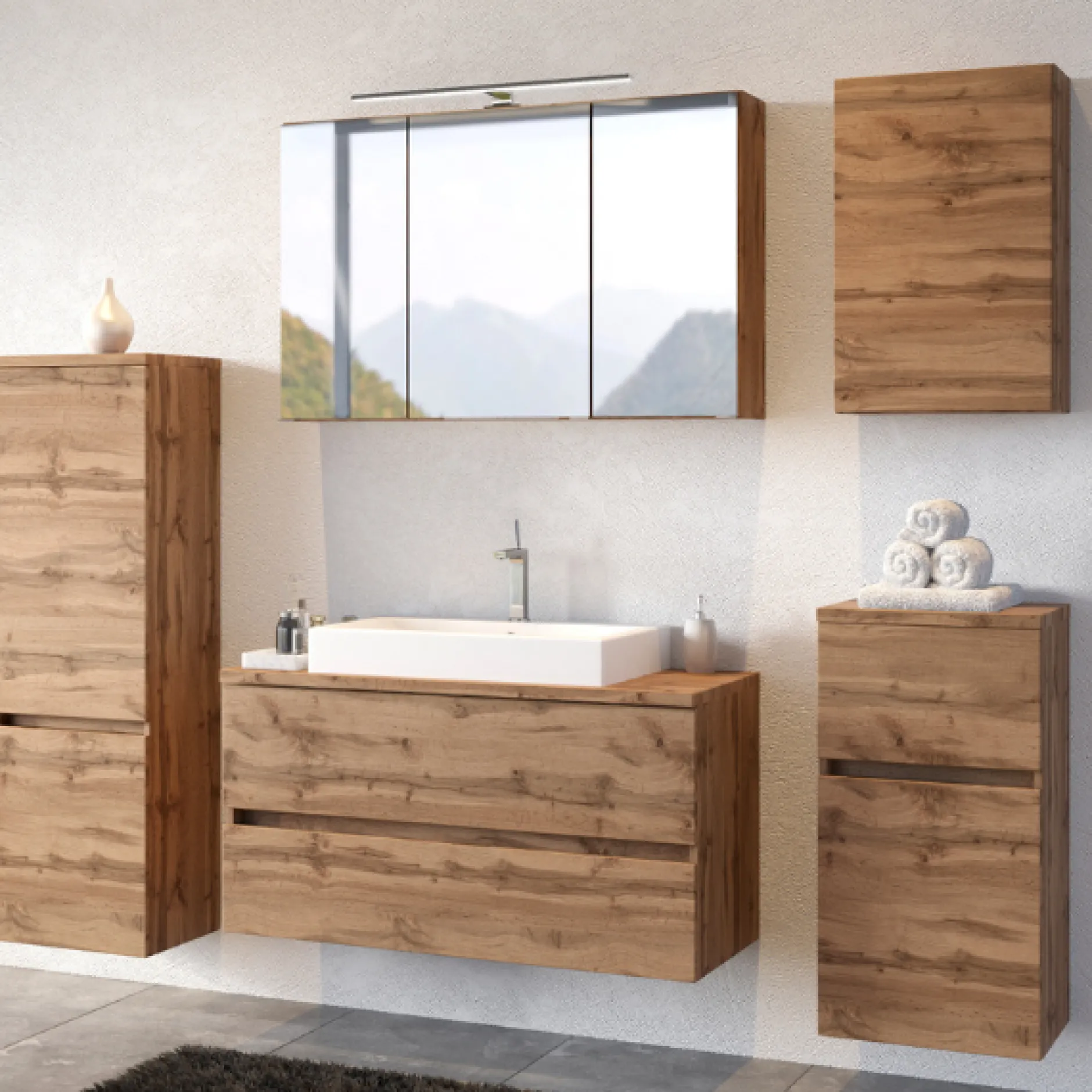 PiscaBadezimmer : Wandschränke, Spiegelschrank, Waschbeckenschrank, Säulenschrank - Eiche Dekor