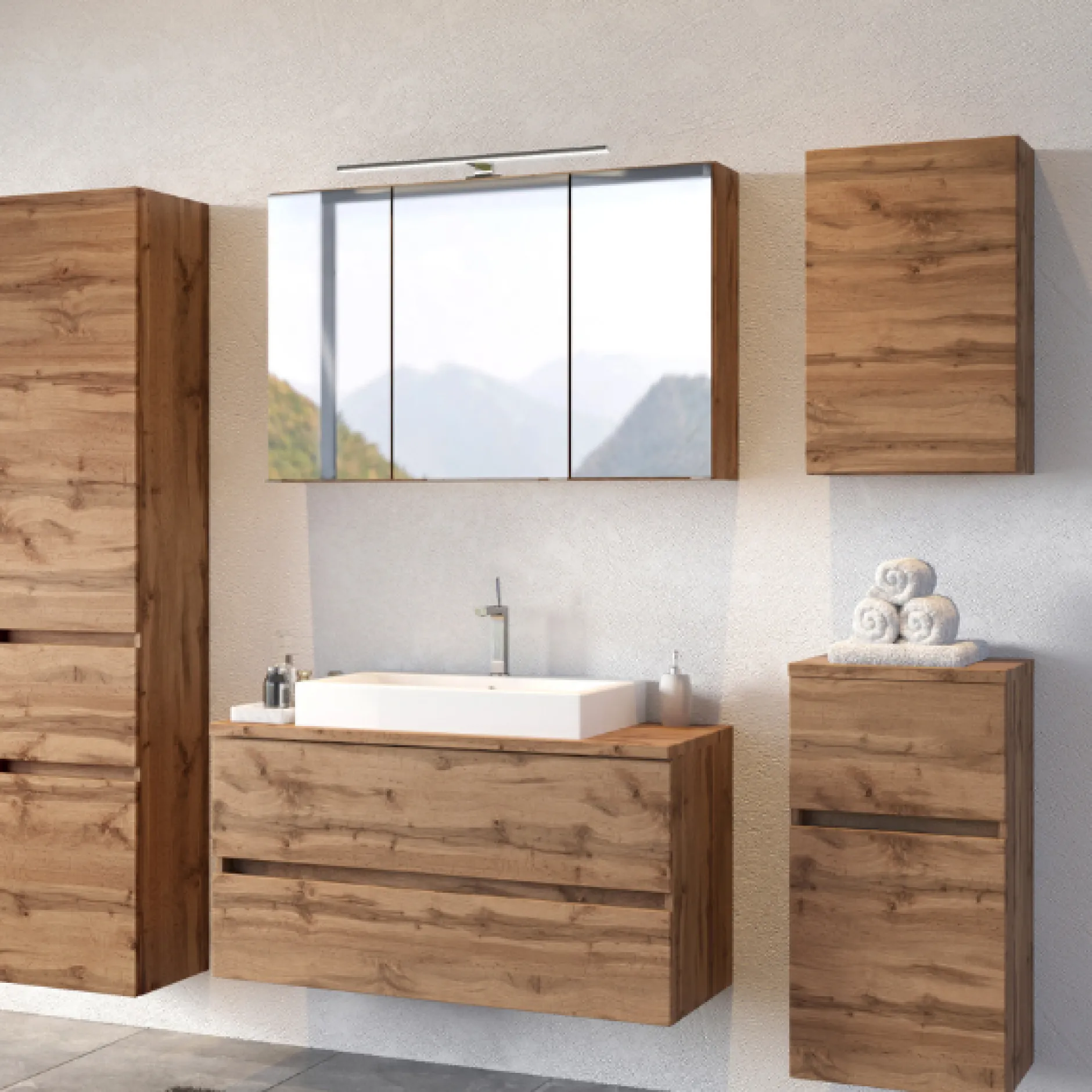PiscaBadezimmer : Wandschränke, Spiegelschrank, Waschbeckenschrank, Säulenschrank - Eiche Dekor