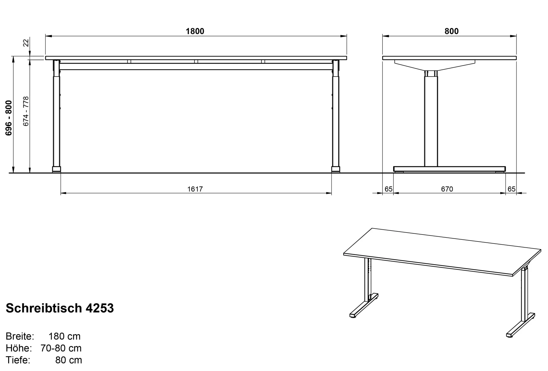 Presley Schreibtisch 180cm mechanisch verstellbar - hellgrau/silber