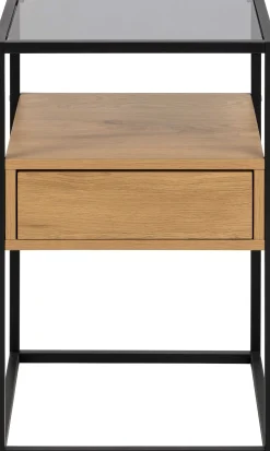 Quadratischer Nachttisch aus roher Eiche, Rauchglas und Stahl