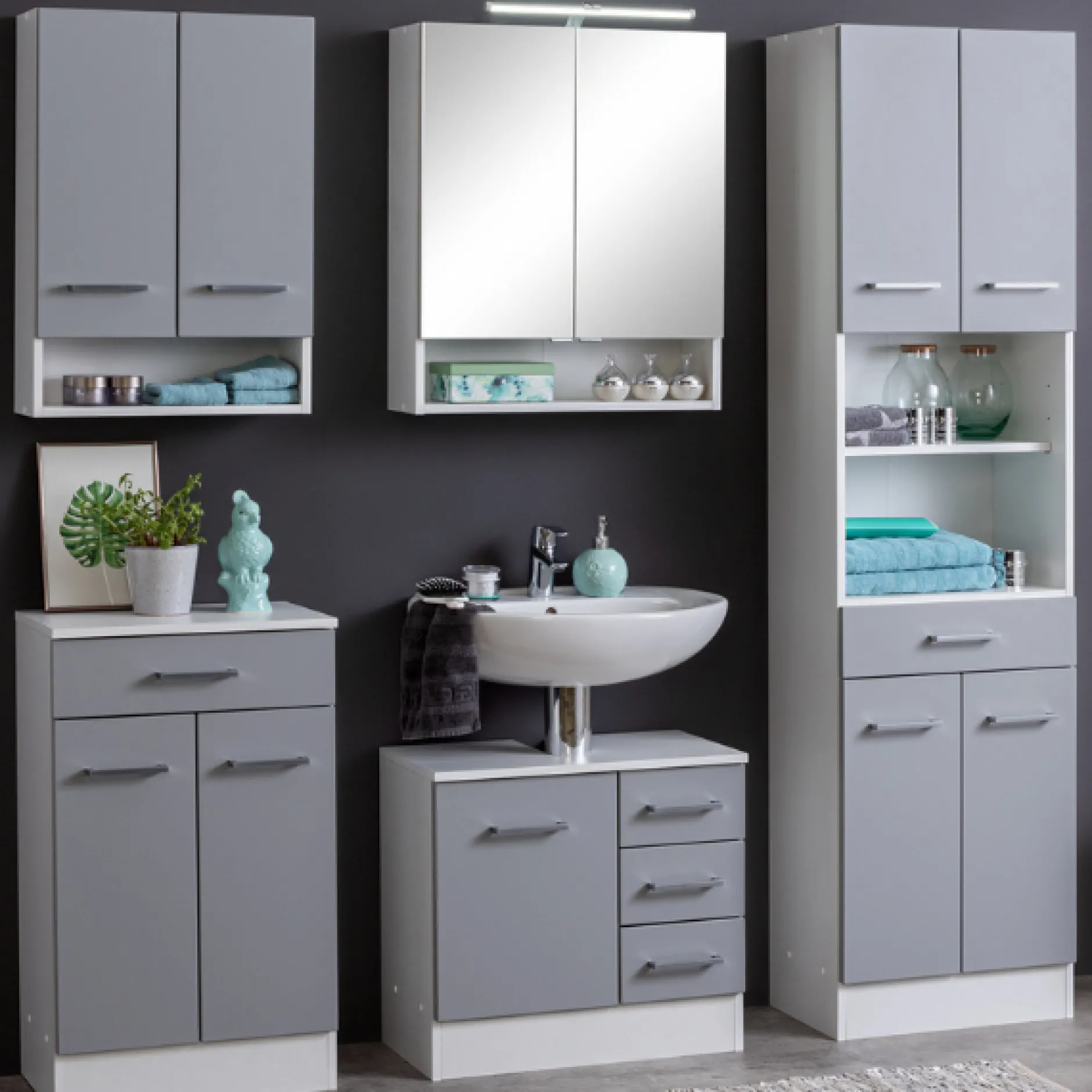 RiccaBadezimmer : Wandschrank, Badezimmerschrank, Spiegelschrank, Waschbeckenunterschrank, Säulenschrank - grau