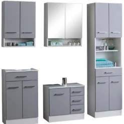 RiccaBadezimmer : Wandschrank, Badezimmerschrank, Spiegelschrank, Waschbeckenunterschrank, Säulenschrank - grau